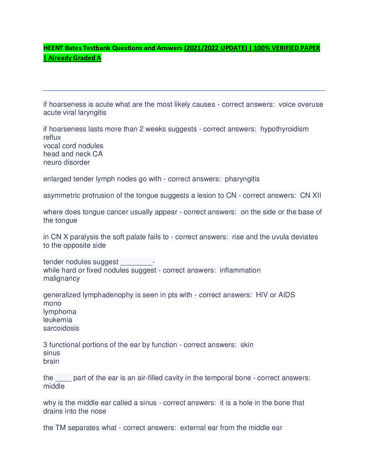 Preview image for HEENT Bates Testbank Questions and Answers (2021/2022 UPDATE) | 100% VERIFIED PAPER | Already Graded A